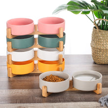 Load image into Gallery viewer, Ceramic Cat Dog Bowl Dish with Wood Stand No Spill Pet Food Water Feeder Cats Small Dogs
