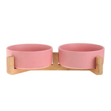 Load image into Gallery viewer, Ceramic Cat Dog Bowl Dish with Wood Stand No Spill Pet Food Water Feeder Cats Small Dogs

